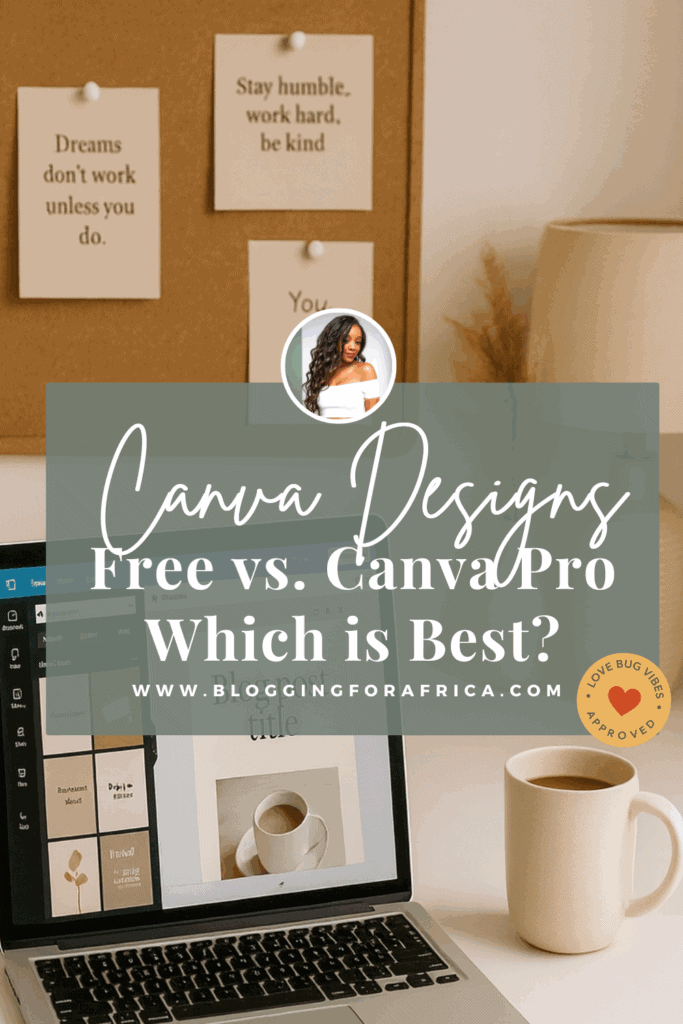 Laptop showing Canva design screen next to a coffee cup, perfect for bloggers comparing Canva Free vs. Canva Pro.