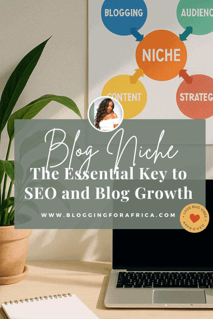 What Is a Blog Niche? infographic on wall showing blogging, audience, content, and strategy connected to niche with laptop on desk. On Blogging For Africa website.