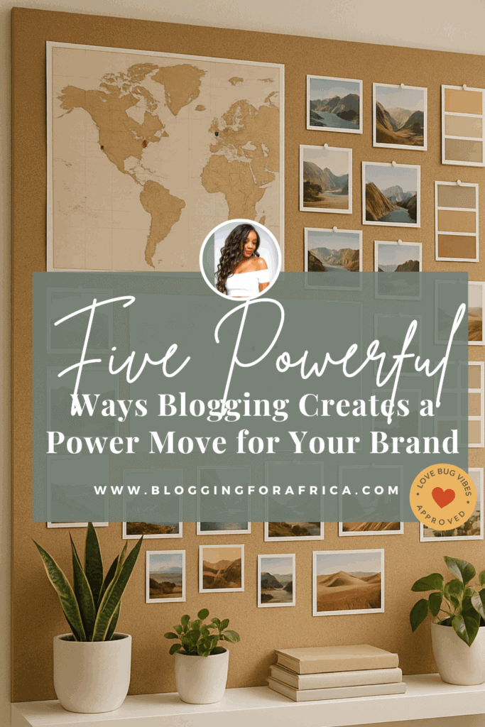 Pinterest graphic featuring a corkboard wall with a world map and photo grid, styled with plants and books, overlaid with the headline 'Five Powerful Ways Blogging Creates a Power Move for Your Brand.' Highlights the benefits of blogging for brand growth, visibility, and global reach.