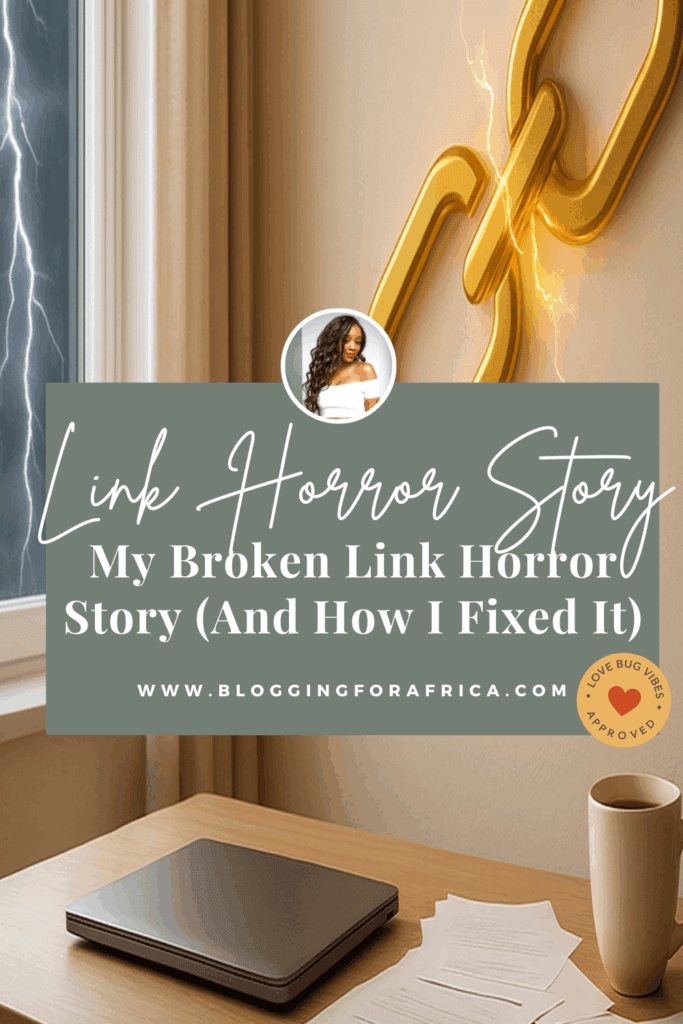 A golden broken link glowing with sparks on a wall above a desk with a laptop, coffee cup, and scattered papers, with a thunderstorm outside the window — visual for blog post “My Broken Link Horror Story (And How I Fixed It)” at bloggingforafrica.com