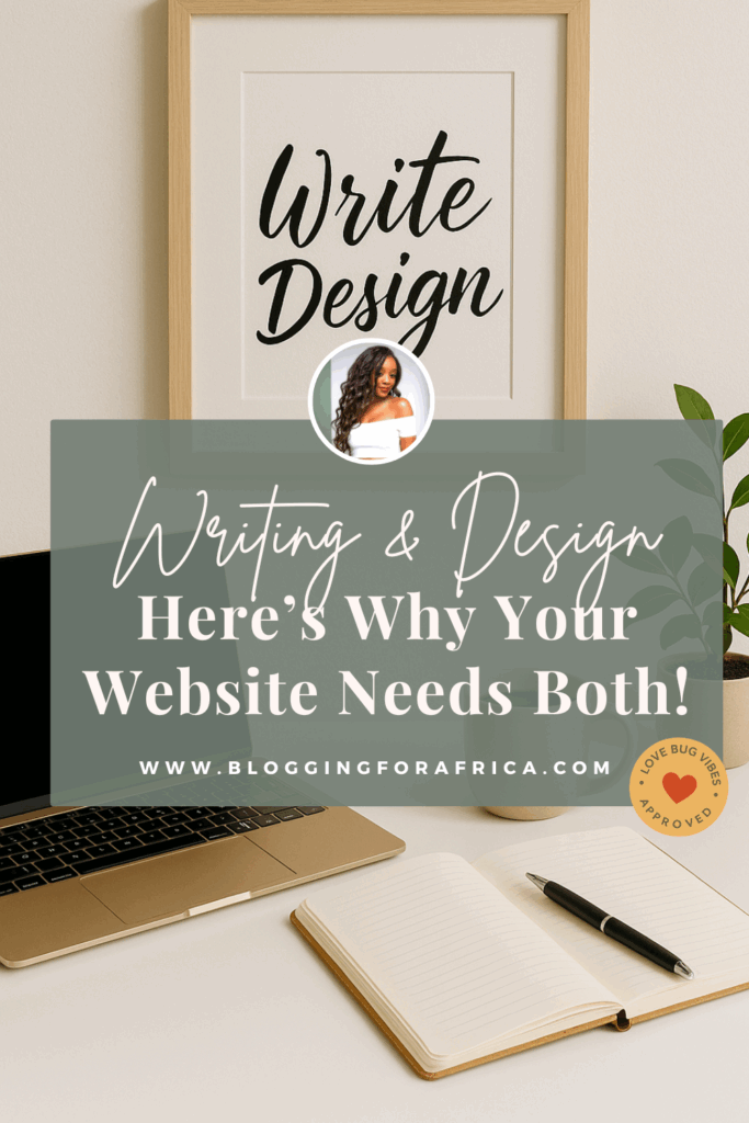 Minimal workspace with laptop, notebook, coffee, and framed wall art that says Writing and Design — symbolizing how writing and website design work together to create a powerful online presence.